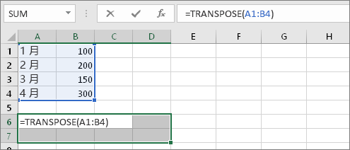 =TRANSPOSE(A1:B4)