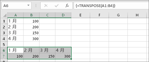 单元格 A1:B4 转置为单元格 A6:D7 的公式的结果