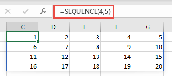 使用 4 x 5 数组的 SEQUENCE 函数示例