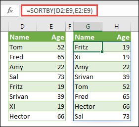使用 SORTBY 对某一范围进行排序。在本例中，我们使用 =SORTBY(D2:E9,E2:E9) 按照人员年龄对人员姓名列表进行升序排序。