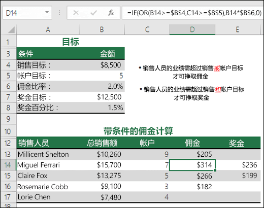 使用 IF 和 OR 函数计算销售佣金的示例。