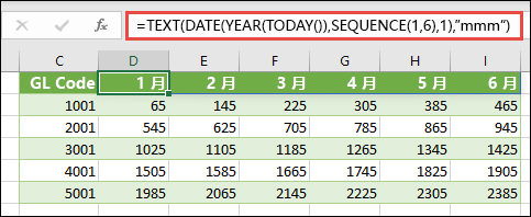 将 SEQUENCE 与 TEXT、DATE、YEAR 和 TADAY 配合使用，以为标题行创建动态月份列表。