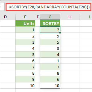将 SORTBY 与 RANDARRAY 和 COUNTA 配合使用。在本例中，E2# 引用从单元格 E2 开始的整个范围，因为该范围使用 =SEQUENCE(10) 填充。# 符号称为溢出范围运算符。